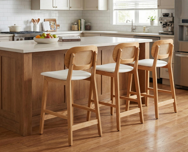 EALSON Rattan Counter Height Bar Stools Set of 3 Modern Farmhouse Barstools with Cane Backs 26 Inch Wood Counter Stool Breakfast Upholstered Bar Chairs for Kitchen Island, Leather White 