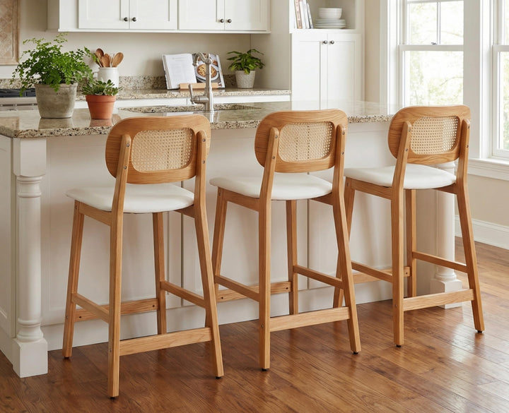 EALSON Rattan Counter Height Bar Stools Set of 3 Modern Farmhouse Barstools with Cane Backs 26 Inch Wood Counter Stool Breakfast Upholstered Bar Chairs for Kitchen Island, Leather White 