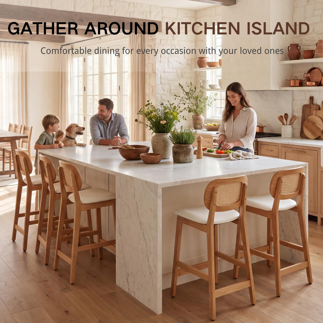 EALSON Rattan Counter Height Bar Stools Set of 3 Modern Farmhouse Barstools with Cane Backs 26 Inch Wood Counter Stool Breakfast Upholstered Bar Chairs for Kitchen Island, Leather White 