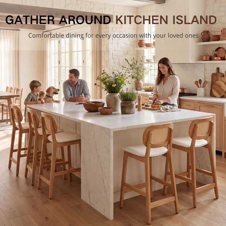 EALSON Rattan Counter Height Bar Stools Set of 3 Modern Farmhouse Barstools with Cane Backs 26 Inch Wood Counter Stool Breakfast Upholstered Bar Chairs for Kitchen Island, Leather White 