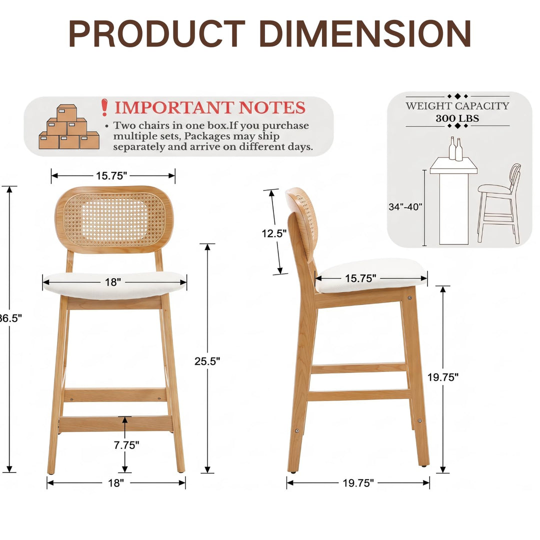 EALSON Rattan Counter Height Bar Stools Set of 3 Modern Farmhouse Barstools with Cane Backs 26 Inch Wood Counter Stool Breakfast Upholstered Bar Chairs for Kitchen Island, Leather White 