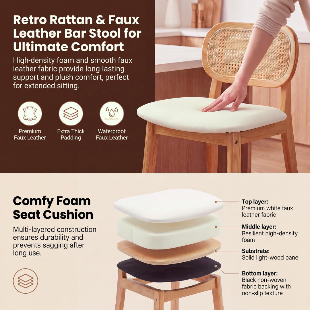 EALSON Rattan Counter Height Bar Stools Set of 3 Modern Farmhouse Barstools with Cane Backs 26 Inch Wood Counter Stool Breakfast Upholstered Bar Chairs for Kitchen Island, Leather White 