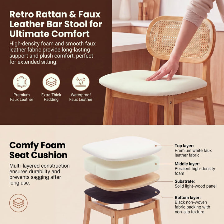 EALSON Rattan Counter Height Bar Stools Set of 3 Modern Farmhouse Barstools with Cane Backs 26 Inch Wood Counter Stool Breakfast Upholstered Bar Chairs for Kitchen Island, Leather White 