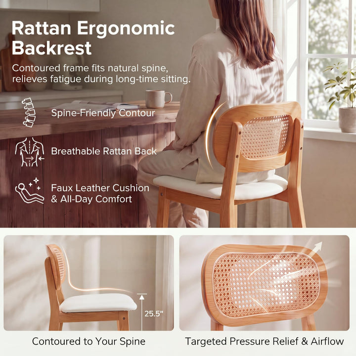 EALSON Rattan Counter Height Bar Stools Set of 3 Modern Farmhouse Barstools with Cane Backs 26 Inch Wood Counter Stool Breakfast Upholstered Bar Chairs for Kitchen Island, Leather White 