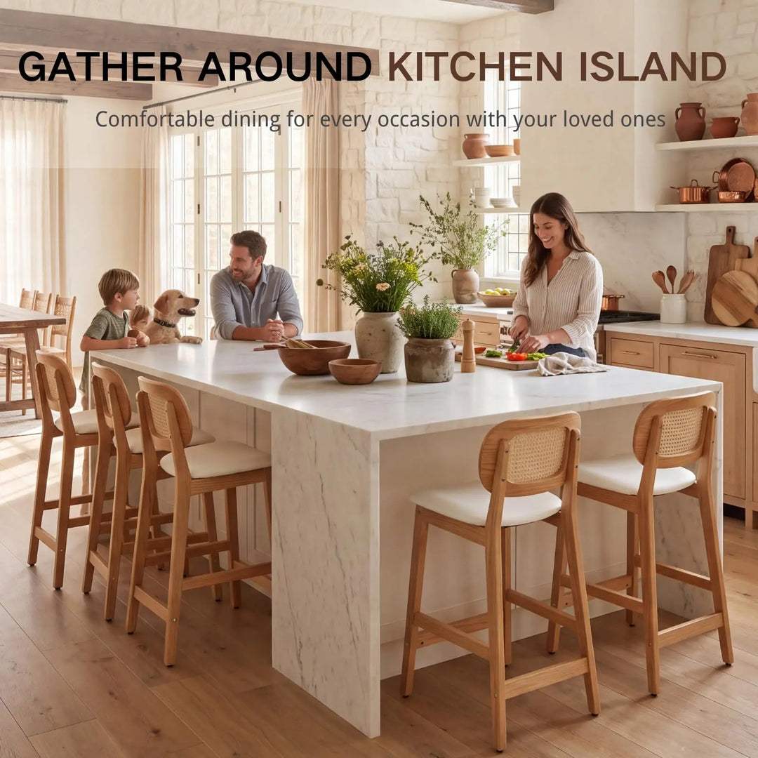 EALSON Rattan Counter Height Bar Stools Set of 3 Modern Farmhouse Barstools with Cane Backs 26 Inch Wood Counter Stool Breakfast Upholstered Bar Chairs for Kitchen Island, Leather White 