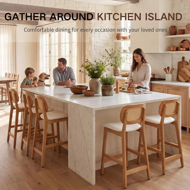 EALSON Rattan Counter Height Bar Stools Set of 3 Modern Farmhouse Barstools with Cane Backs 26 Inch Wood Counter Stool Breakfast Upholstered Bar Chairs for Kitchen Island, Leather White 
