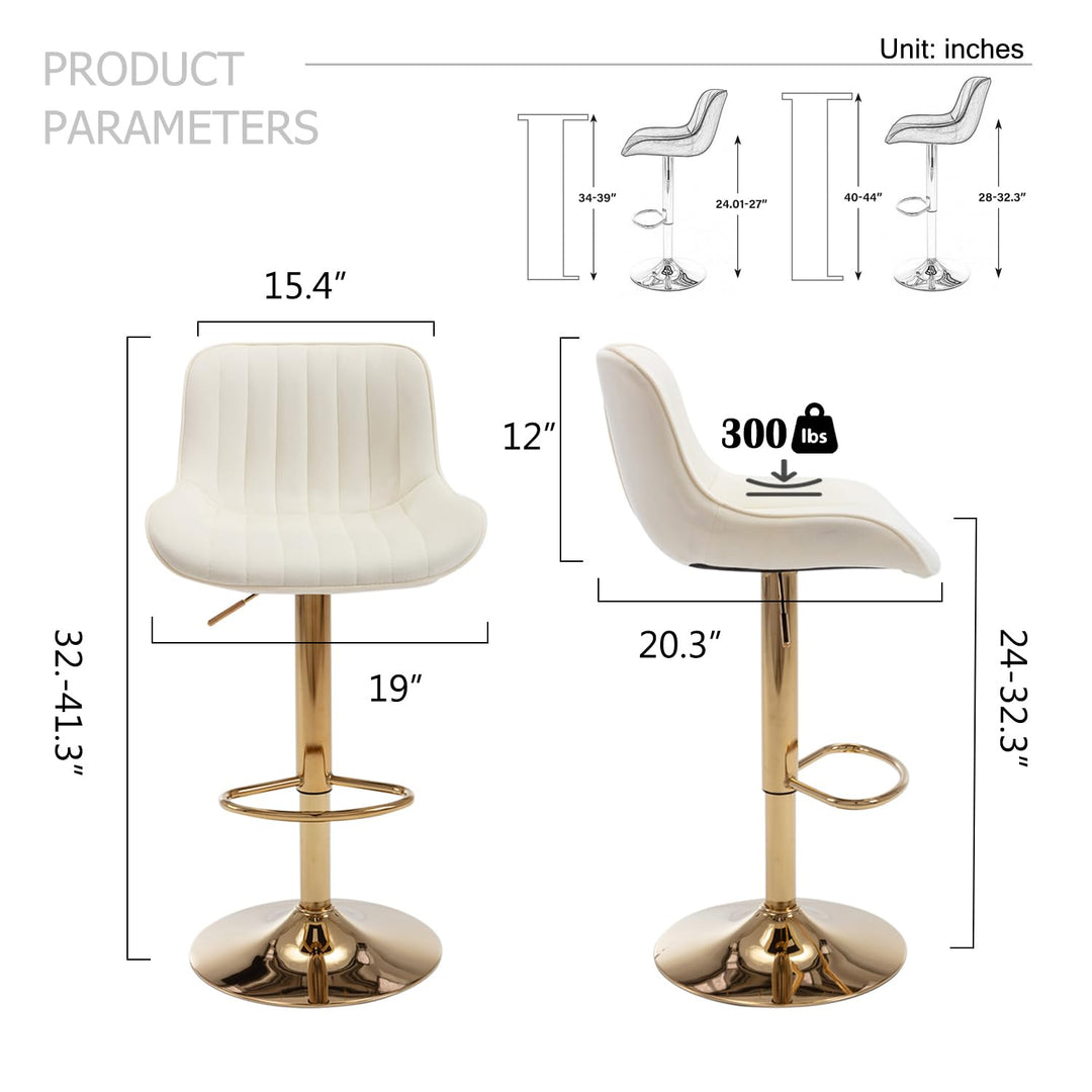 ECHINGLE Velvet Bar Stools Set of 2 - Swivel Counter Height Barstools with Back &amp; Adjustable Height, Modern Gold Kitchen Island Stools for Bar, Armless Pub Stools, Soft Beige Upholstered Seating 
