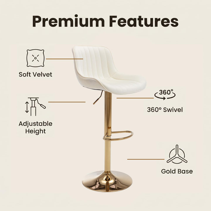 ECHINGLE Velvet Bar Stools Set of 2 - Swivel Counter Height Barstools with Back &amp; Adjustable Height, Modern Gold Kitchen Island Stools for Bar, Armless Pub Stools, Soft Beige Upholstered Seating 