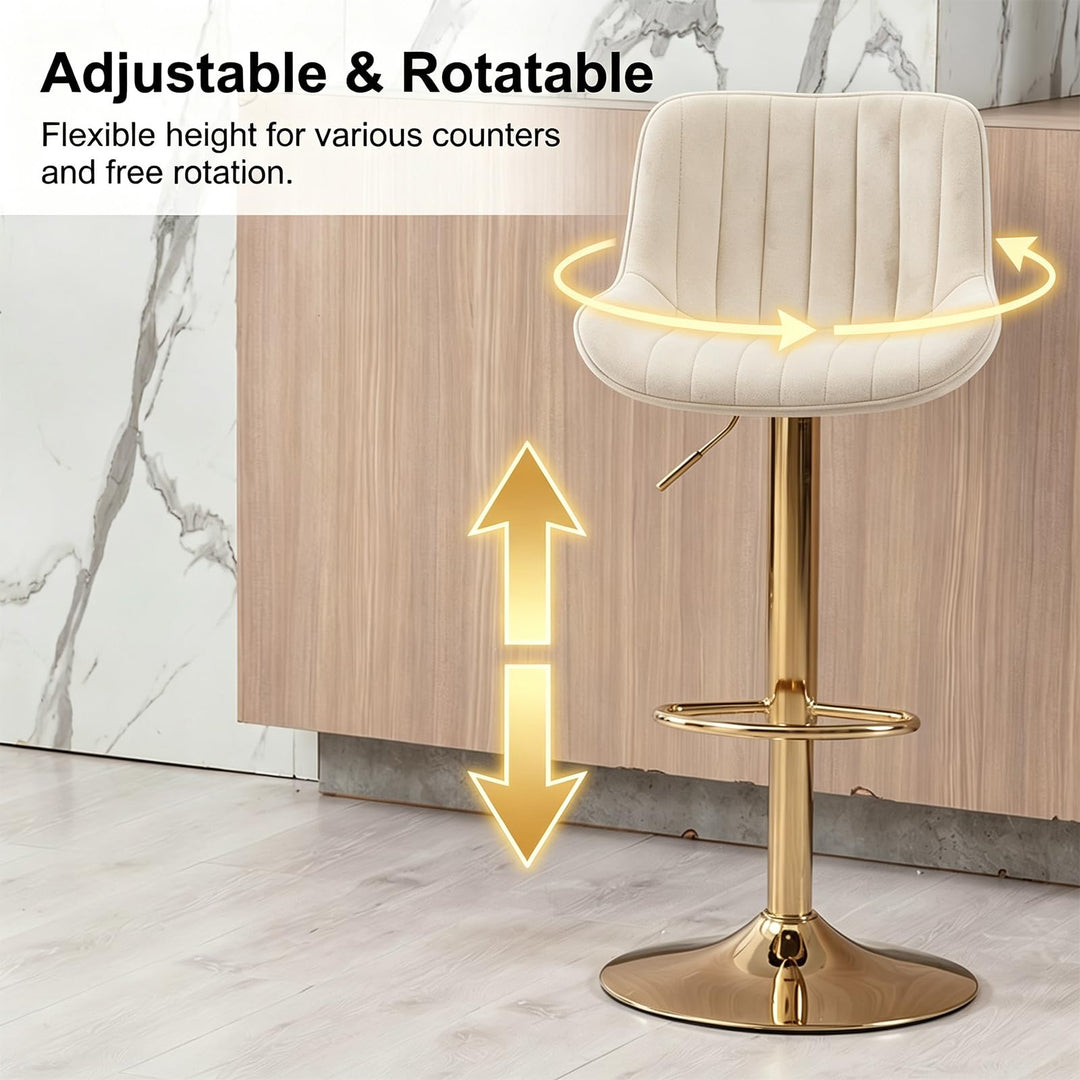 ECHINGLE Velvet Bar Stools Set of 2 - Swivel Counter Height Barstools with Back &amp; Adjustable Height, Modern Gold Kitchen Island Stools for Bar, Armless Pub Stools, Soft Beige Upholstered Seating 