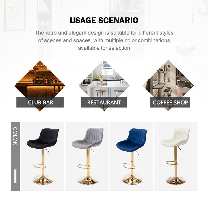 ECHINGLE Velvet Bar Stools Set of 2 - Swivel Counter Height Barstools with Back &amp; Adjustable Height, Modern Gold Kitchen Island Stools for Bar, Armless Pub Stools, Soft Beige Upholstered Seating 