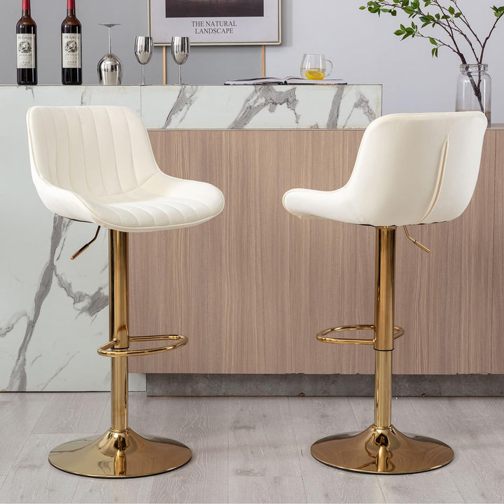 ECHINGLE Velvet Bar Stools Set of 2 - Swivel Counter Height Barstools with Back &amp; Adjustable Height, Modern Gold Kitchen Island Stools for Bar, Armless Pub Stools, Soft Beige Upholstered Seating 