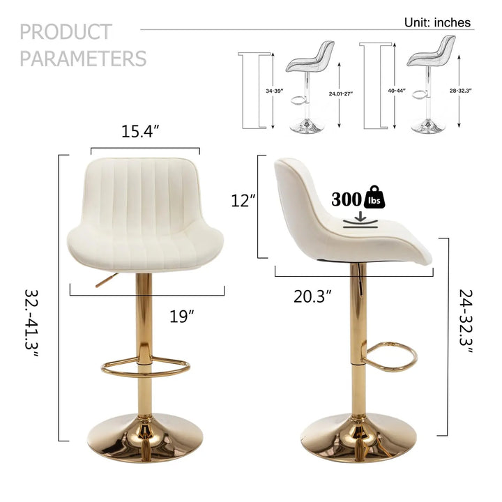 ECHINGLE Velvet Bar Stools Set of 2 - Swivel Counter Height Barstools with Back &amp; Adjustable Height, Modern Gold Kitchen Island Stools for Bar, Armless Pub Stools, Soft Beige Upholstered Seating 