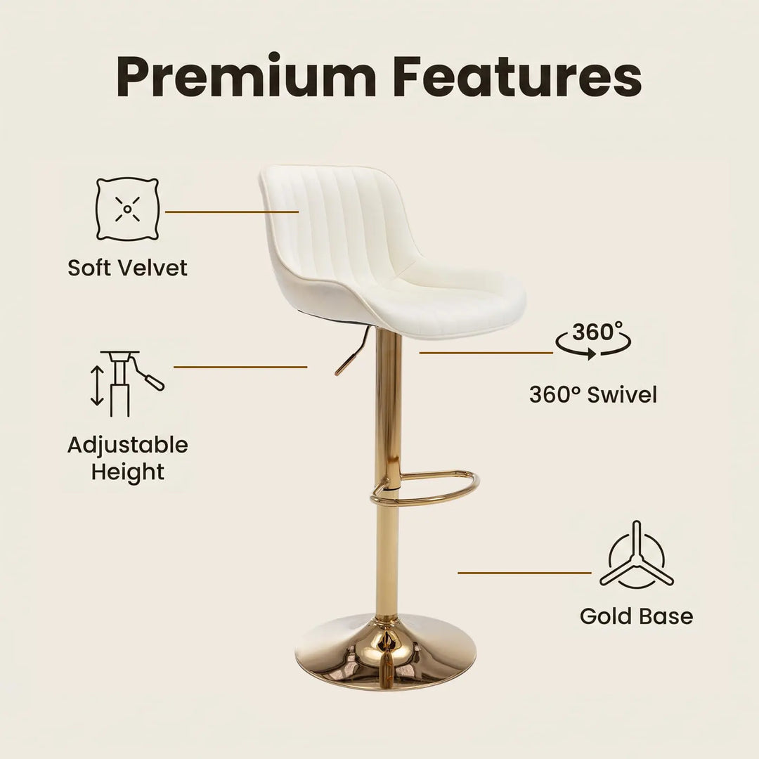 ECHINGLE Velvet Bar Stools Set of 2 - Swivel Counter Height Barstools with Back &amp; Adjustable Height, Modern Gold Kitchen Island Stools for Bar, Armless Pub Stools, Soft Beige Upholstered Seating 