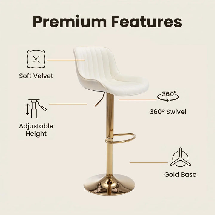 ECHINGLE Velvet Bar Stools Set of 2 - Swivel Counter Height Barstools with Back &amp; Adjustable Height, Modern Gold Kitchen Island Stools for Bar, Armless Pub Stools, Soft Beige Upholstered Seating 