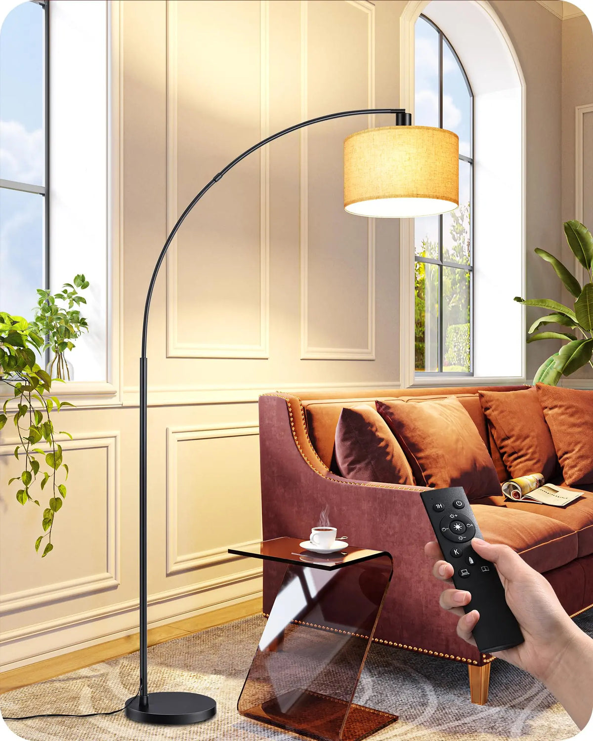 EDISHINE 78.3″ Modern Arc Floor Lamp with Remote, Tall Black Standing Lamp with Stepless Dimmable Bulb & 5 Color Temperature, Curved Mid Century Floor Lamps for Living Room, Bedroom, Nursey 