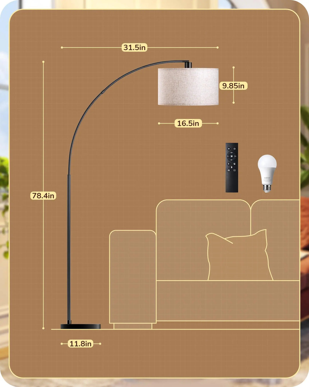EDISHINE 78.3″ Modern Arc Floor Lamp with Remote, Tall Black Standing Lamp with Stepless Dimmable Bulb & 5 Color Temperature, Curved Mid Century Floor Lamps for Living Room, Bedroom, Nursey