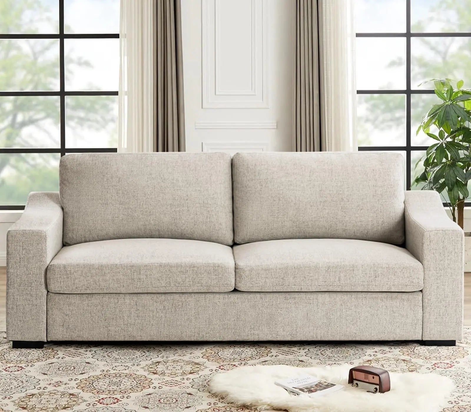 ELUCHANG Oversized 83" Deep Seat Sofa, Modern 3-Seater Natural Linen Sofa, Upholstered Cushion & Detachable Cover - Oatmeal 
