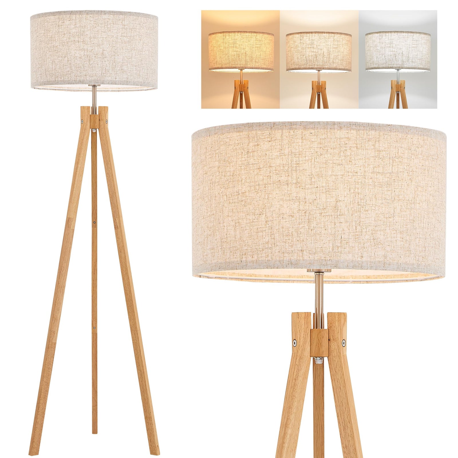 ELYONA Nordic Wood Tripod Floor Lamp, Modern Reading Standing Lamp for Living Room 3 Color Temperatures LED Bulb Included Flaxen Lamp Shade, Boho Natural Wooden floor lamp for Bedroom Office Kids Room 