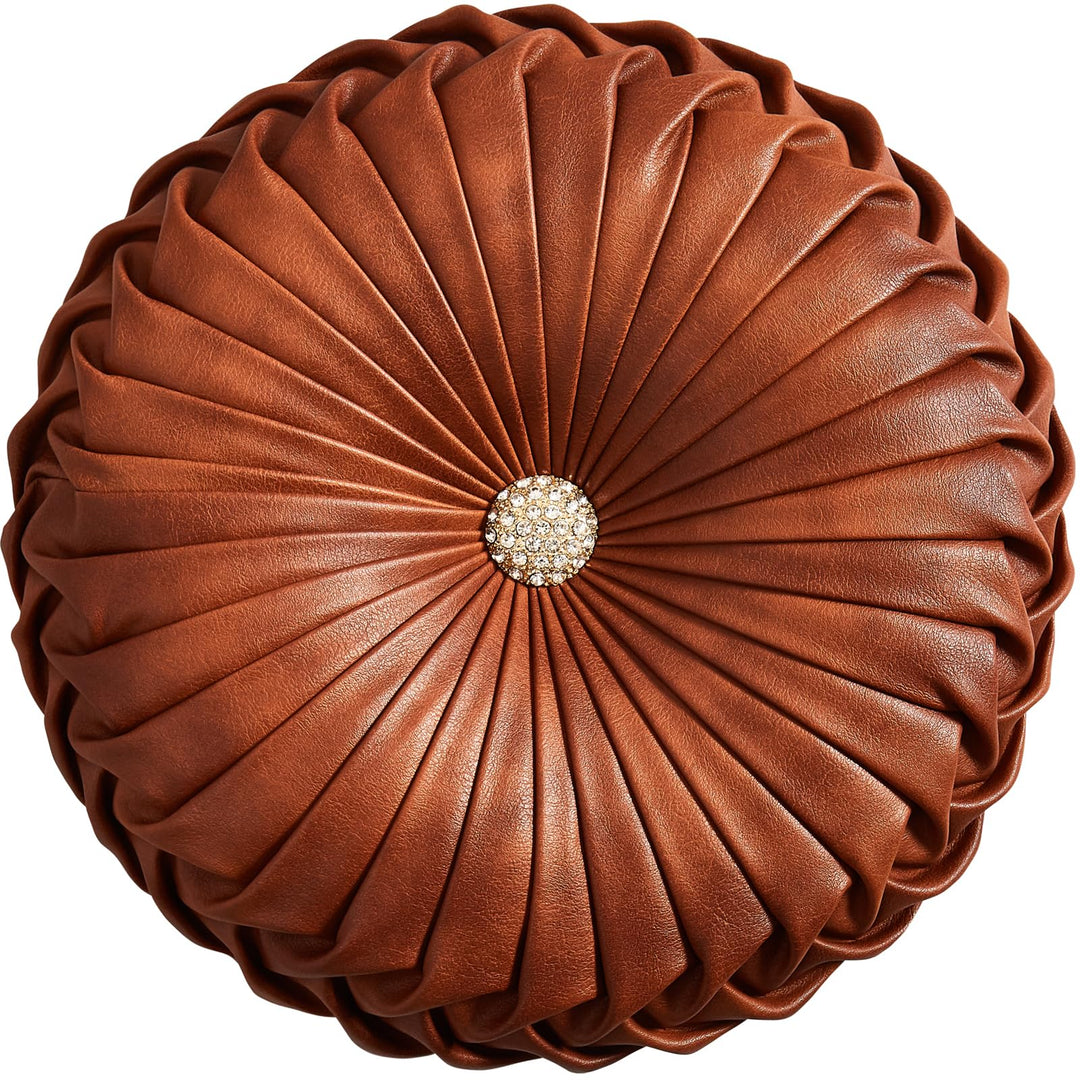 EUCIOR Brown Round Leather Pillow,Circle Pillow,Handmade Round Throw Pillow,Smooth Faux Leather Decorative Pillows for Home Decor Bedroom Living Room Couch Bed,Diameter 15" 