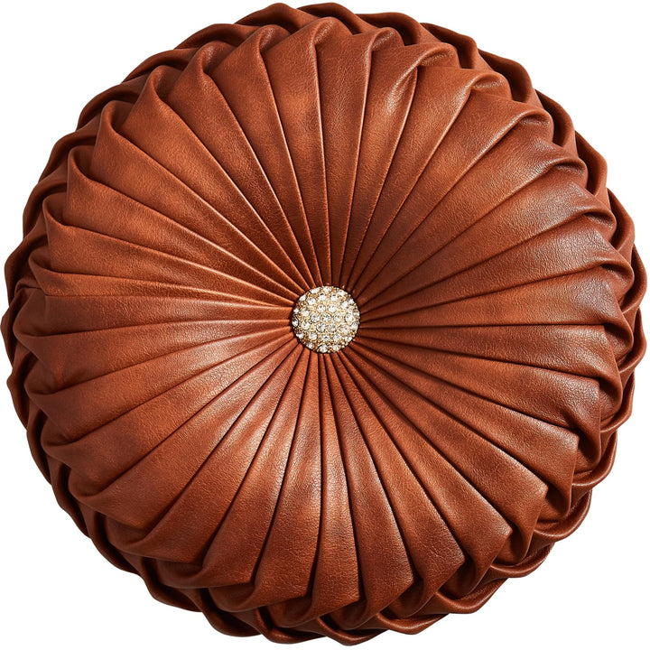 EUCIOR Brown Round Leather Pillow,Circle Pillow,Handmade Round Throw Pillow,Smooth Faux Leather Decorative Pillows for Home Decor Bedroom Living Room Couch Bed,Diameter 15" 