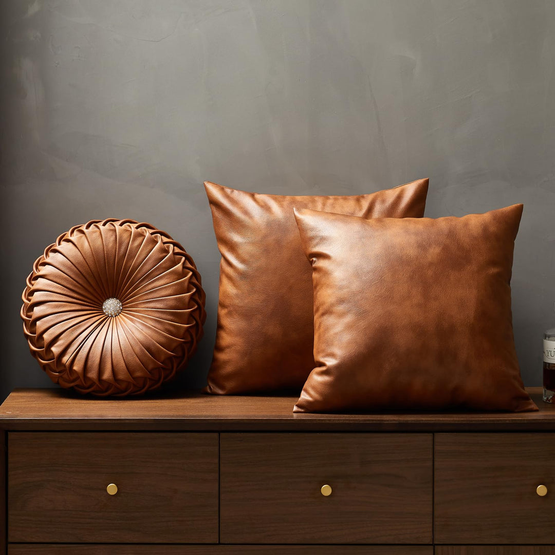 EUCIOR Brown Round Leather Pillow,Circle Pillow,Handmade Round Throw Pillow,Smooth Faux Leather Decorative Pillows for Home Decor Bedroom Living Room Couch Bed,Diameter 15" 