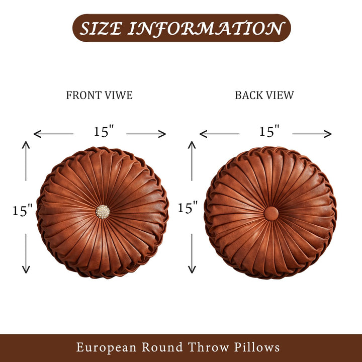 EUCIOR Brown Round Leather Pillow,Circle Pillow,Handmade Round Throw Pillow,Smooth Faux Leather Decorative Pillows for Home Decor Bedroom Living Room Couch Bed,Diameter 15" 