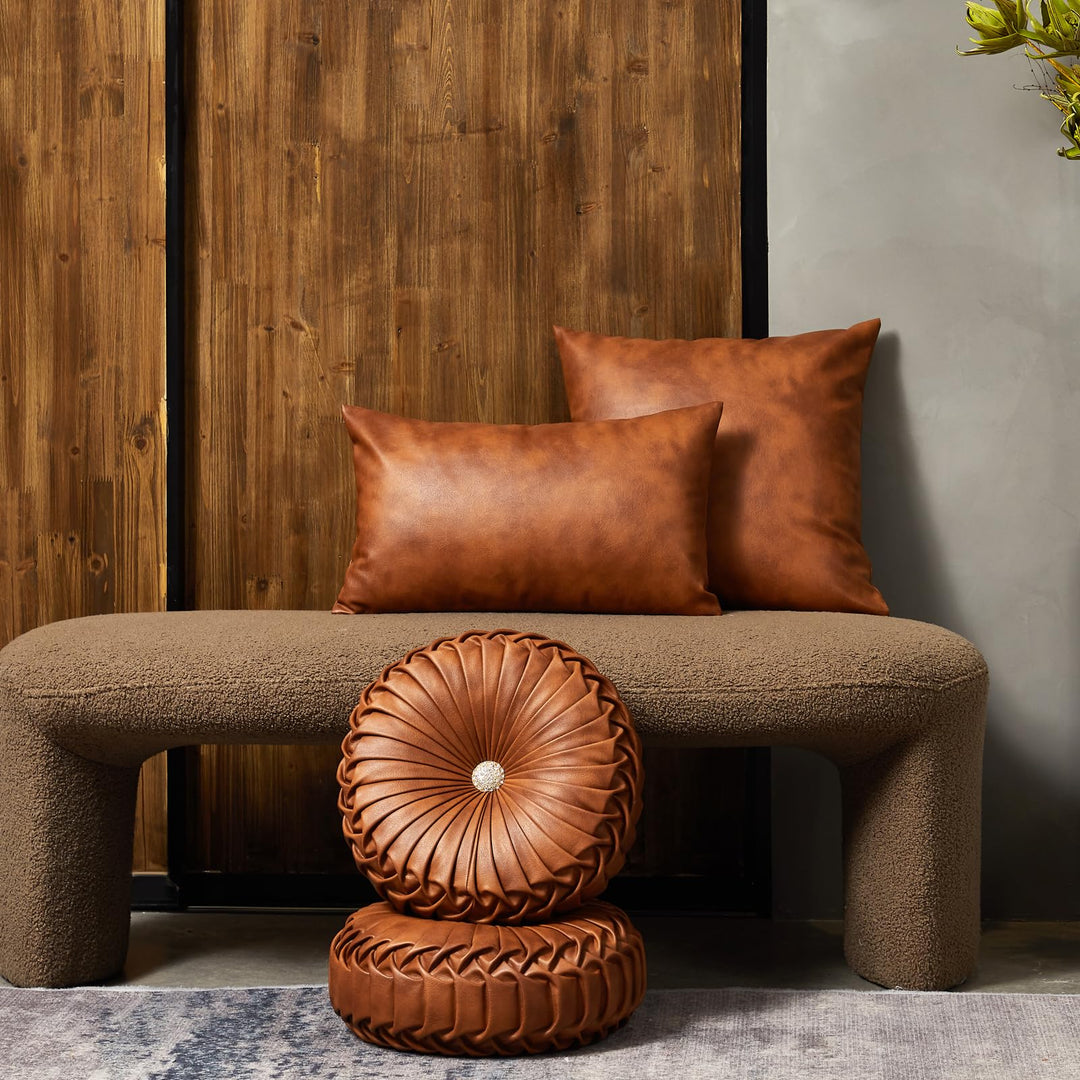 EUCIOR Brown Round Leather Pillow,Circle Pillow,Handmade Round Throw Pillow,Smooth Faux Leather Decorative Pillows for Home Decor Bedroom Living Room Couch Bed,Diameter 15" 