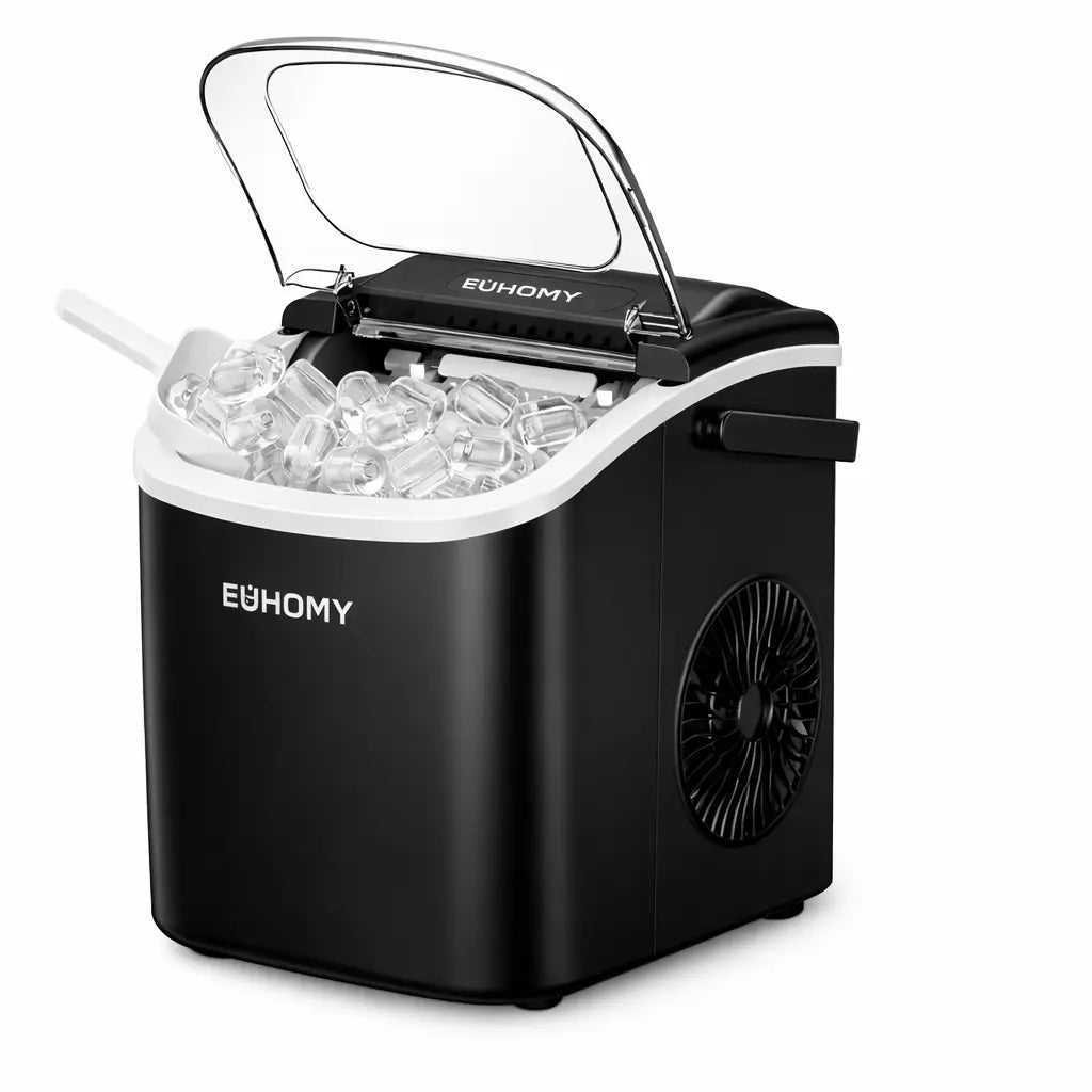 EUHOMY Countertop Ice Maker Machine with Handle, 26lbs in 24Hrs, 9 Ice Cubes Ready in 6 Mins, Auto-Cleaning Portable Ice Maker with Basket and Scoop, for Home/Kitchen/Camping/RV. (Black) 