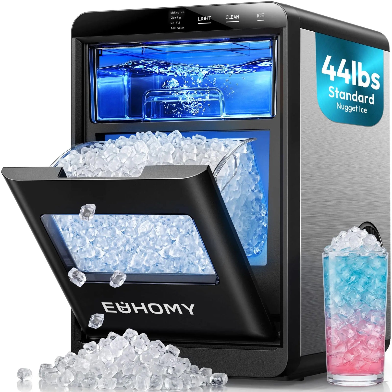 EUHOMY Nugget Ice Maker Countertop, 44Lbs/24H Sonic Ice Maker Machine, Self-Cleaning Pellet Ice Makers with Ice Scoop&Basket, Countertop Pebble Ice Maker for Home/Kitchen/Office 