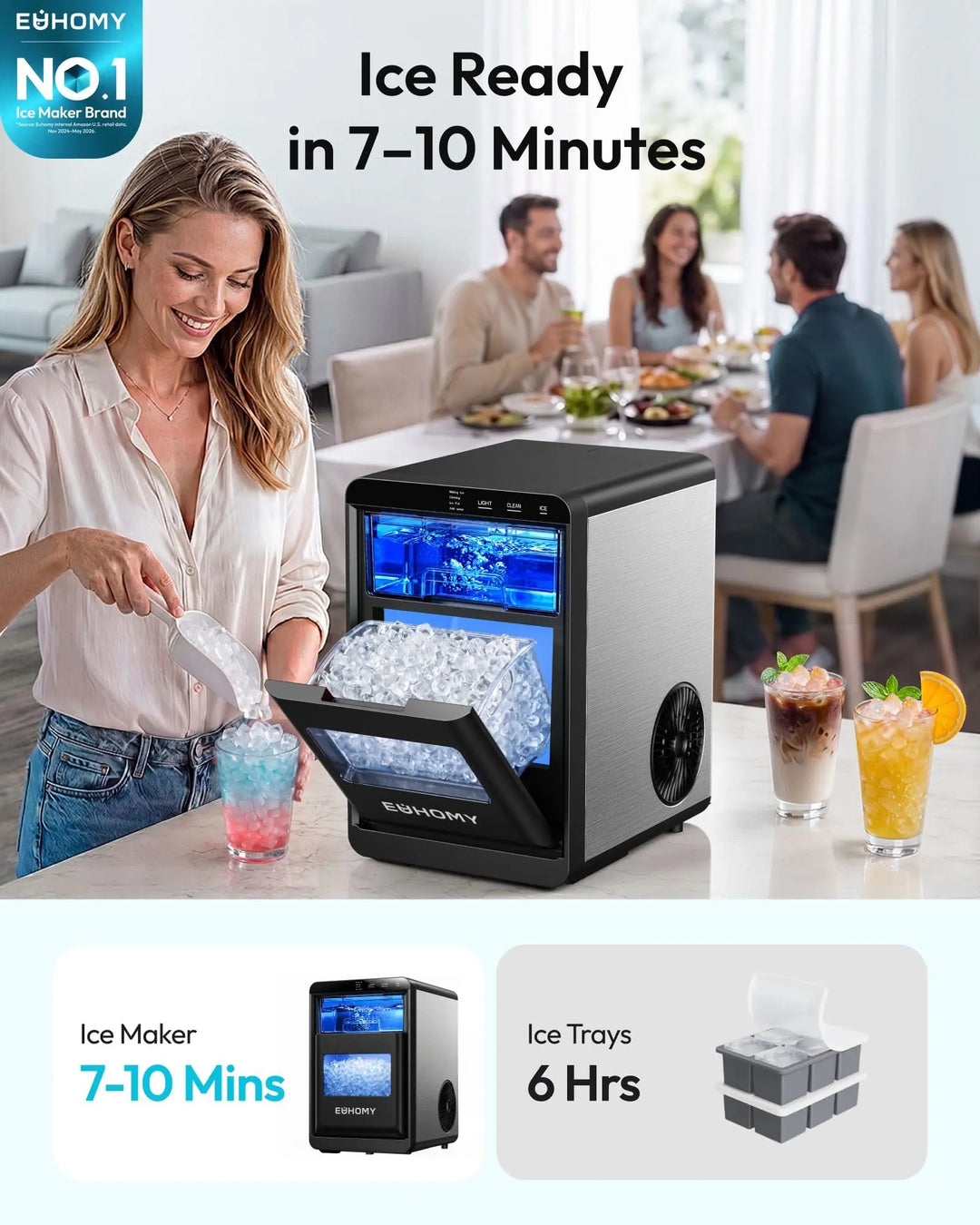 EUHOMY Nugget Ice Maker Countertop, 44Lbs/24H Sonic Ice Maker Machine, Self-Cleaning Pellet Ice Makers with Ice Scoop&Basket, Countertop Pebble Ice Maker for Home/Kitchen/Office 