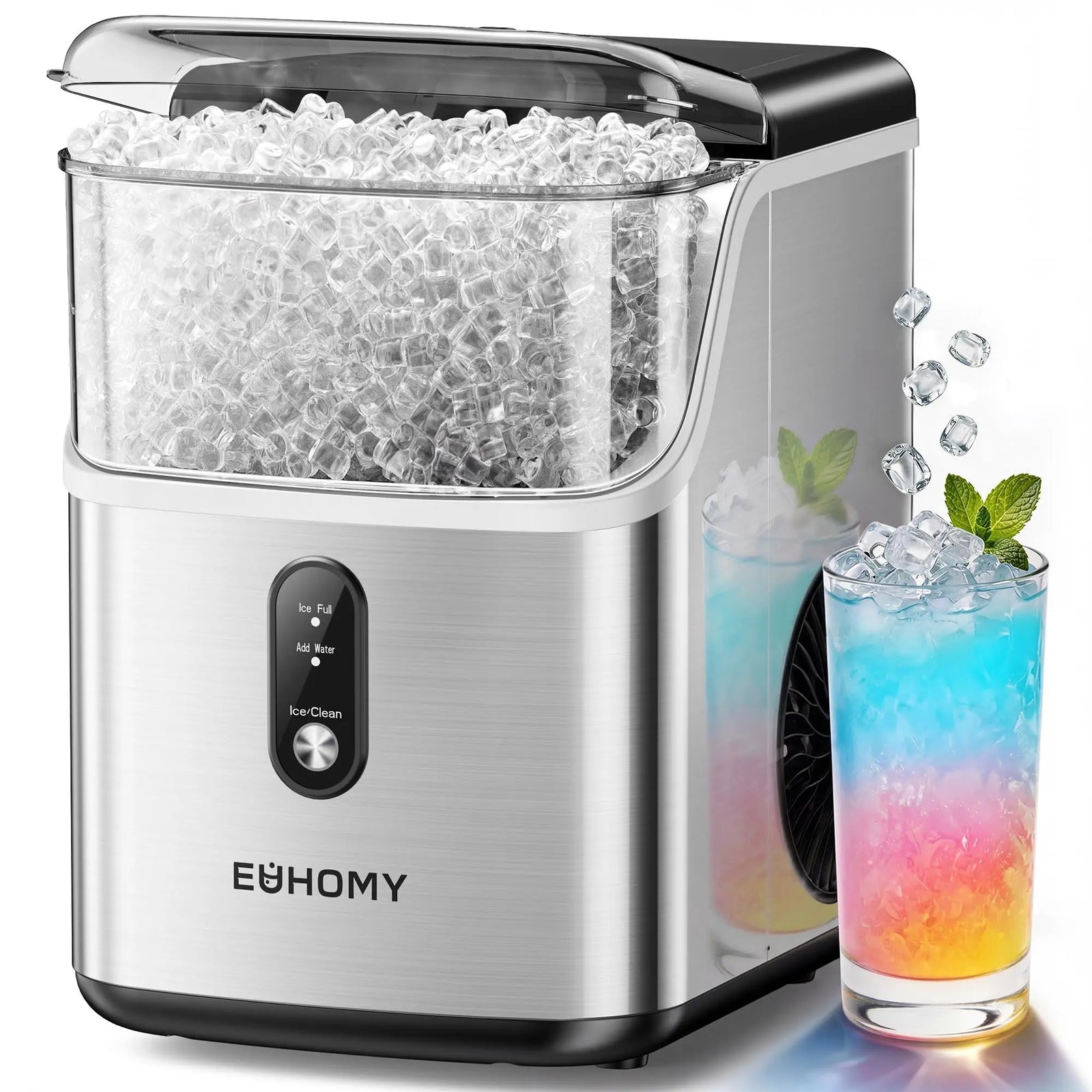 EUHOMY Nugget Ice Maker Countertop, Ready in 7 Mins, 35Lbs/24H Pebble Ice Maker Machine, Self-Cleaning Countertop Sonic Ice Makers with Ice Scoop&Basket, Pellet Ice Maker for Home, Stainless Steel 