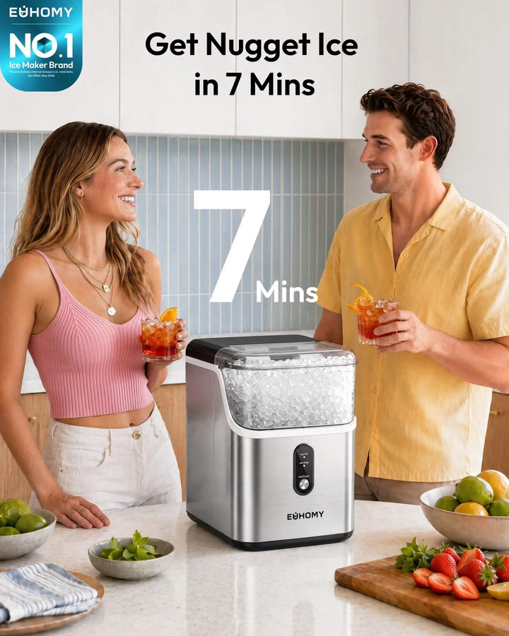 EUHOMY Nugget Ice Maker Countertop, Ready in 7 Mins, 35Lbs/24H Pebble Ice Maker Machine, Self-Cleaning Countertop Sonic Ice Makers with Ice Scoop&Basket, Pellet Ice Maker for Home, Stainless Steel 