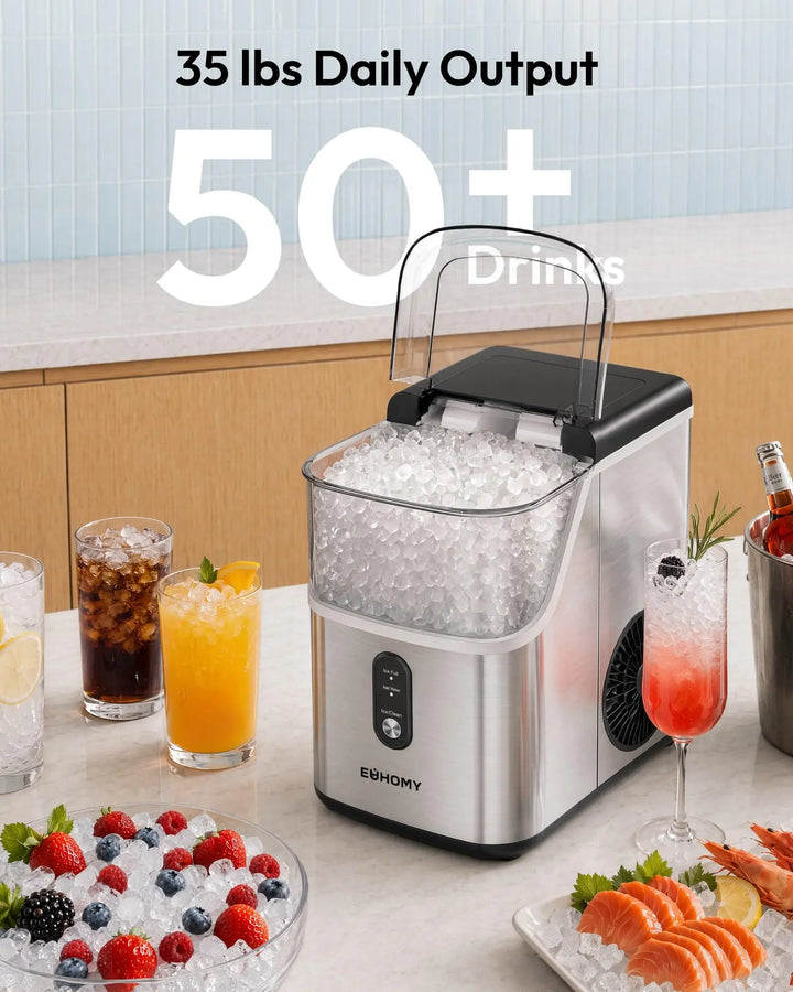 EUHOMY Nugget Ice Maker Countertop, Ready in 7 Mins, 35Lbs/24H Pebble Ice Maker Machine, Self-Cleaning Countertop Sonic Ice Makers with Ice Scoop&Basket, Pellet Ice Maker for Home, Stainless Steel 