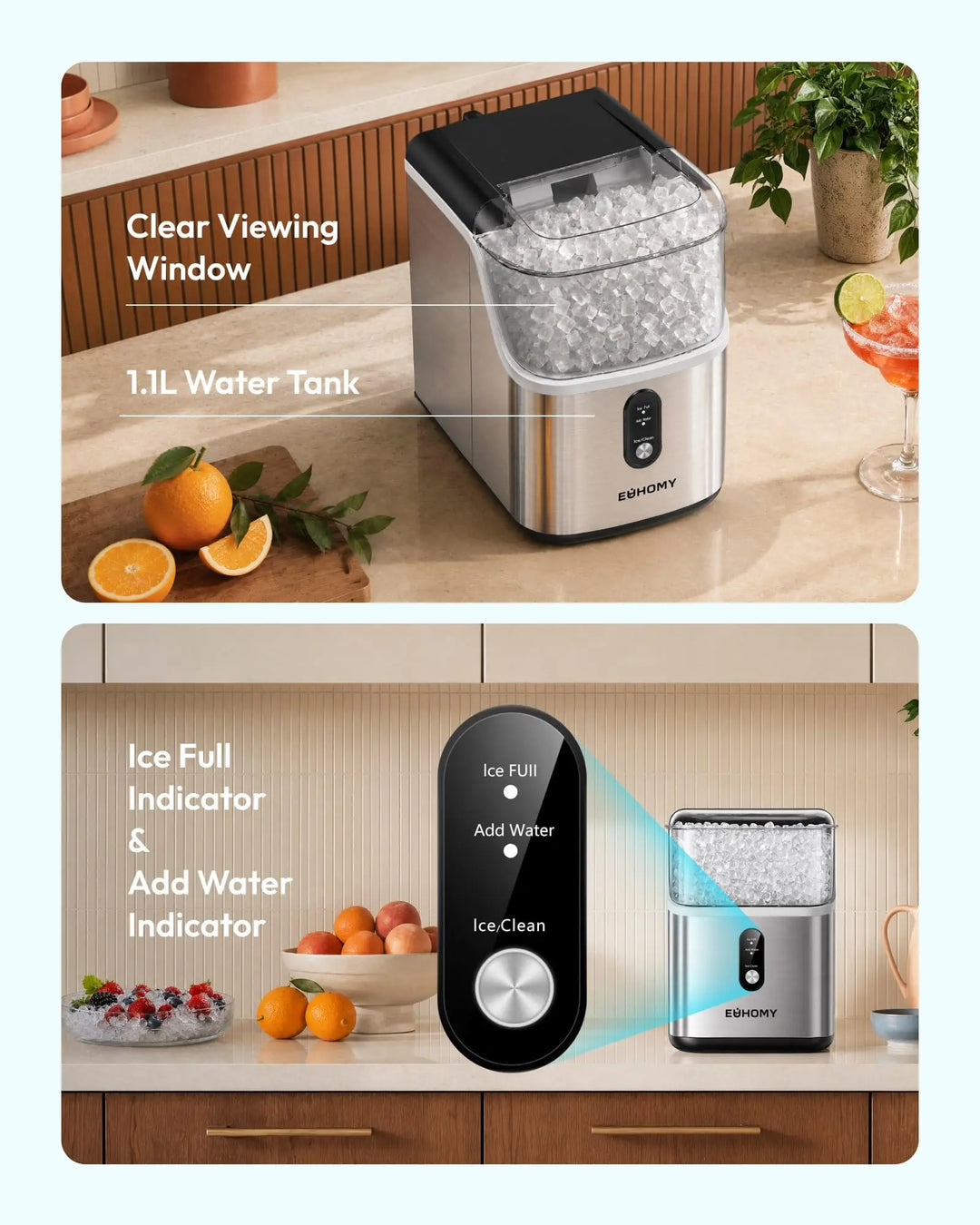 EUHOMY Nugget Ice Maker Countertop, Ready in 7 Mins, 35Lbs/24H Pebble Ice Maker Machine, Self-Cleaning Countertop Sonic Ice Makers with Ice Scoop&Basket, Pellet Ice Maker for Home, Stainless Steel 