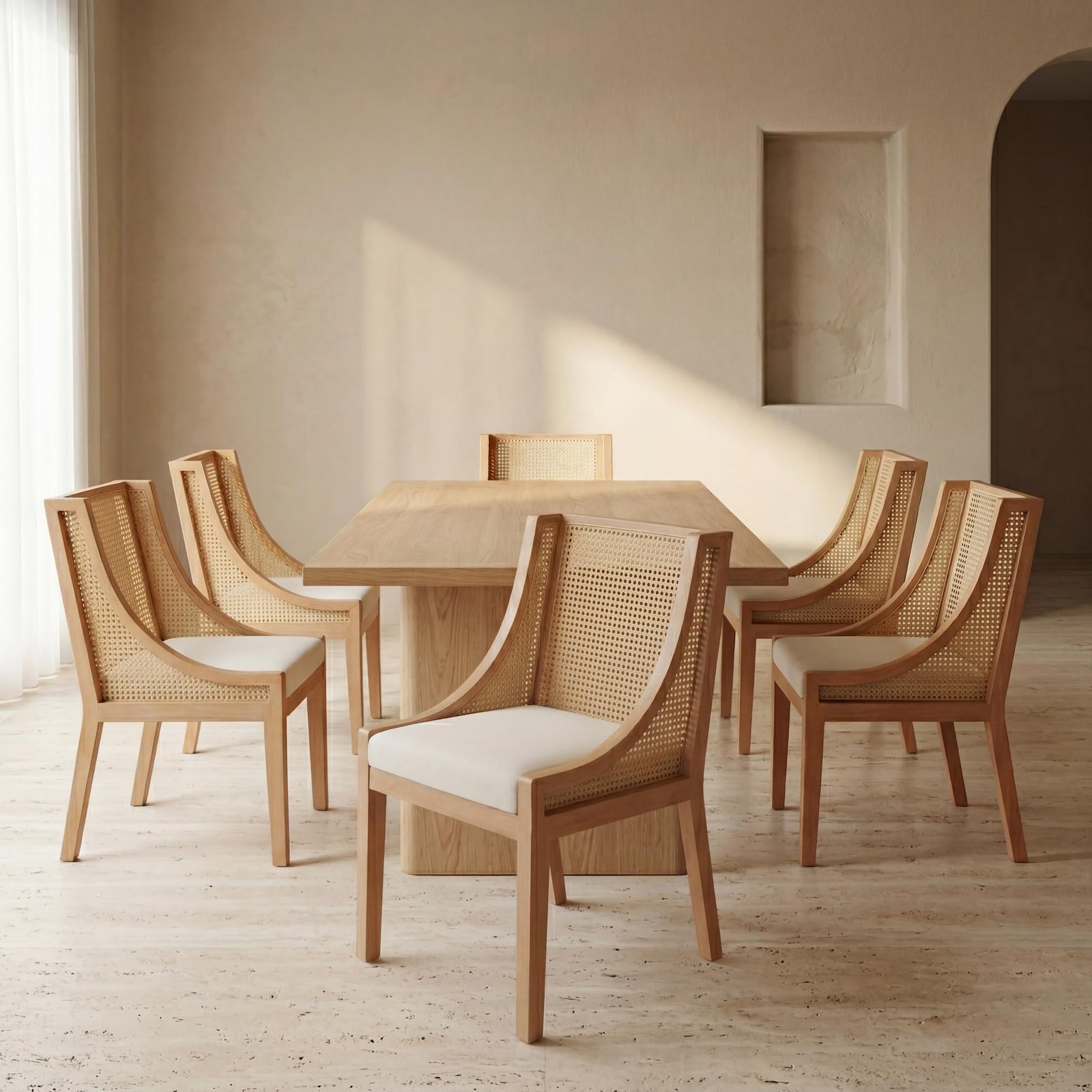 EVERLUNE Mid Century Modern Dining Chairs Set of 6, Rattan Dinning Chair with a Square Back, Cream Cane Dining Chair, Linen Upholstered Kitchen and Dining Room Chairs, Sillas para Comedor 