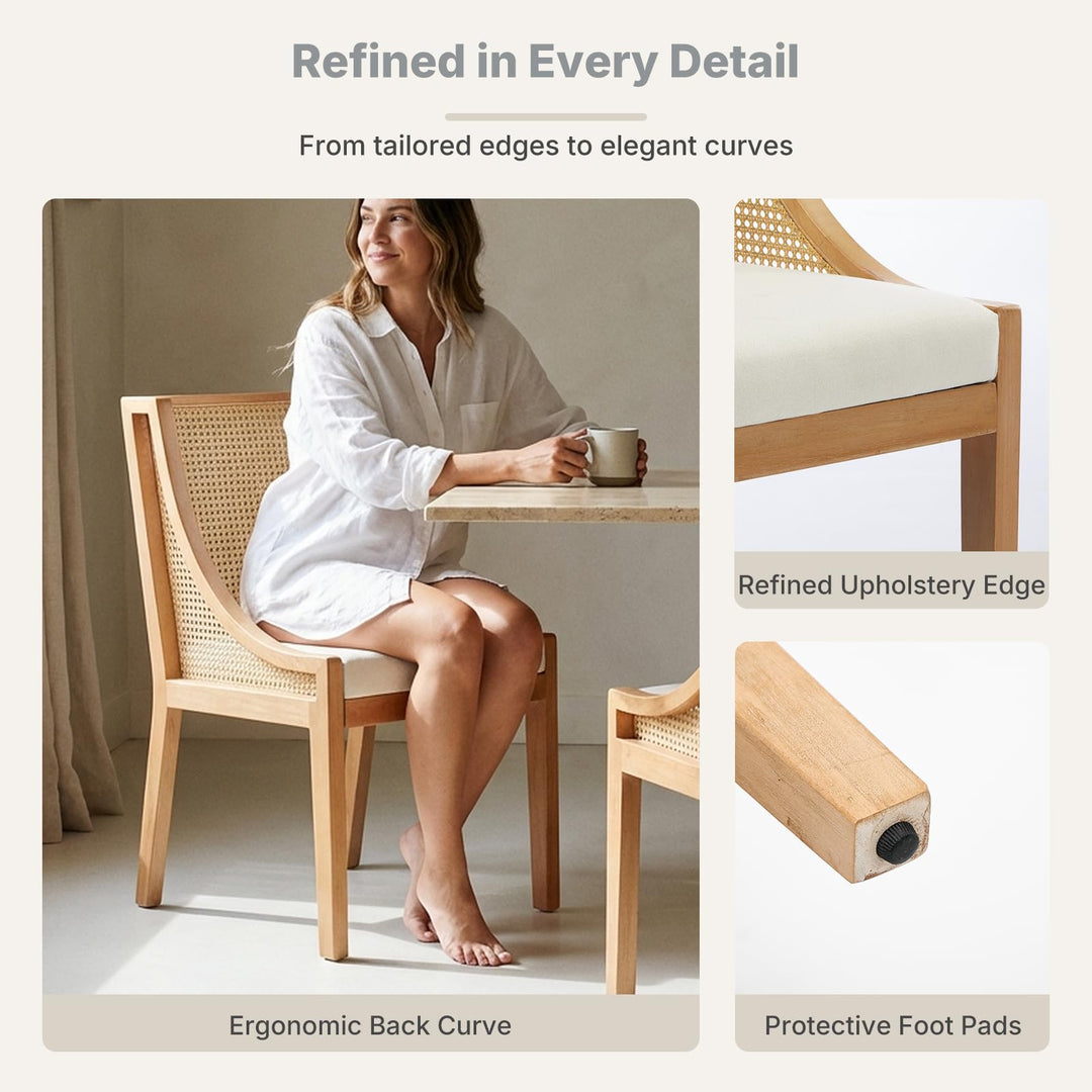 EVERLUNE Mid Century Modern Dining Chairs Set of 6, Rattan Dinning Chair with a Square Back, Cream Cane Dining Chair, Linen Upholstered Kitchen and Dining Room Chairs, Sillas para Comedor 