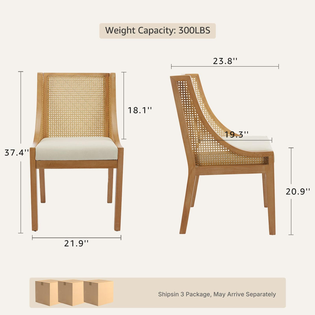 EVERLUNE Mid Century Modern Dining Chairs Set of 6, Rattan Dinning Chair with a Square Back, Cream Cane Dining Chair, Linen Upholstered Kitchen and Dining Room Chairs, Sillas para Comedor 