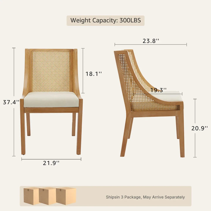 EVERLUNE Mid Century Modern Dining Chairs Set of 6, Rattan Dinning Chair with a Square Back, Cream Cane Dining Chair, Linen Upholstered Kitchen and Dining Room Chairs, Sillas para Comedor 