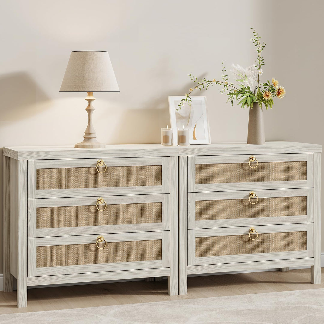 Eclatara Large Rattan Night Stand Set of 2 Boho Nightstand with 3 Drawers 