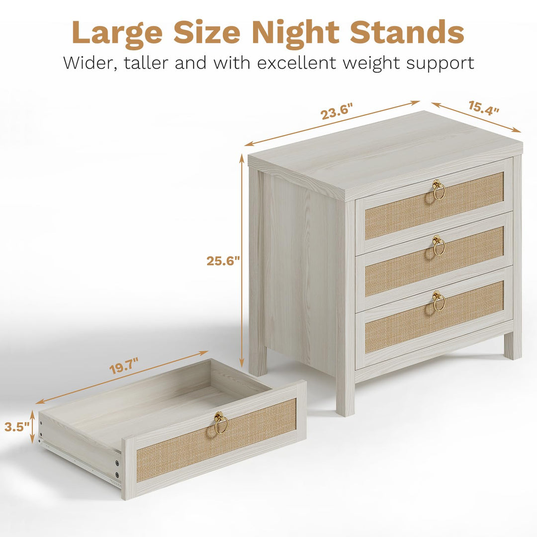 Eclatara Large Rattan Night Stand Set of 2 Boho Nightstand with 3 Drawers 