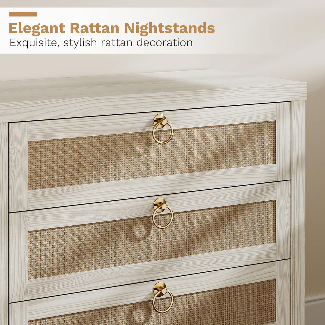 Eclatara Large Rattan Night Stand Set of 2 Boho Nightstand with 3 Drawers 