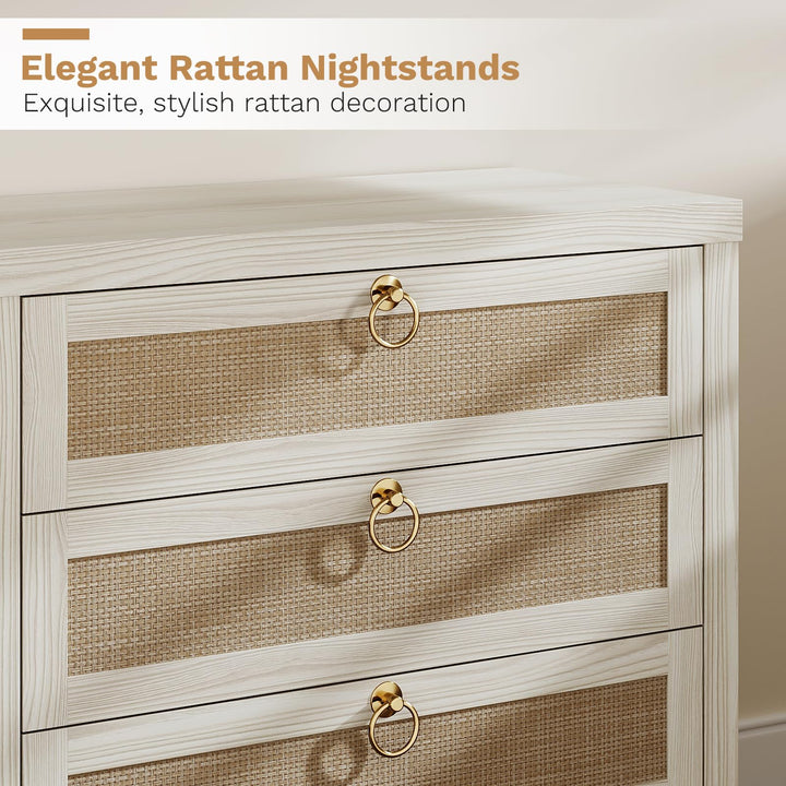 Eclatara Large Rattan Night Stand Set of 2 Boho Nightstand with 3 Drawers 