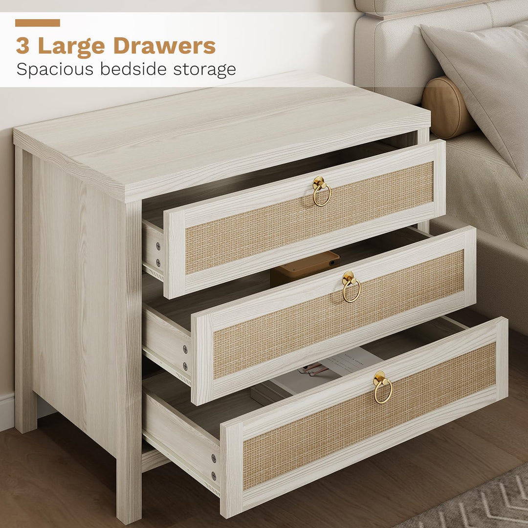 Eclatara Large Rattan Night Stand Set of 2 Boho Nightstand with 3 Drawers 