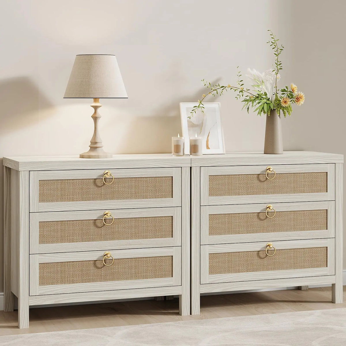 Eclatara Large Rattan Night Stand Set of 2 Boho Nightstand with 3 Drawers 