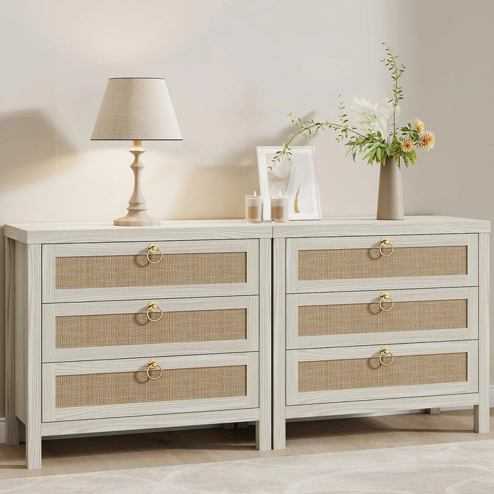 Eclatara Large Rattan Night Stand Set of 2 Boho Nightstand with 3 Drawers 