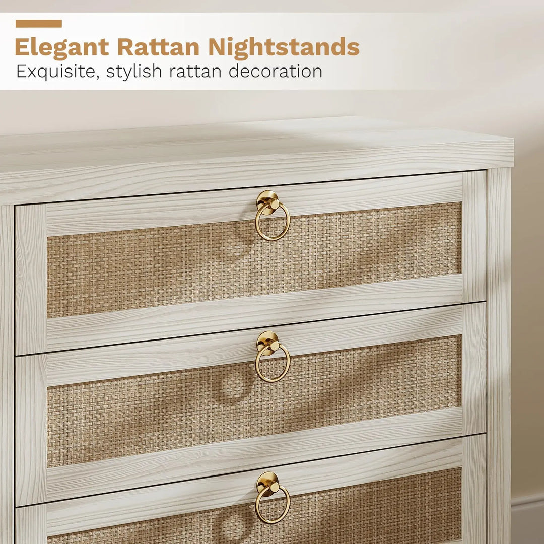 Eclatara Large Rattan Night Stand Set of 2 Boho Nightstand with 3 Drawers 