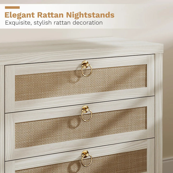 Eclatara Large Rattan Night Stand Set of 2 Boho Nightstand with 3 Drawers 