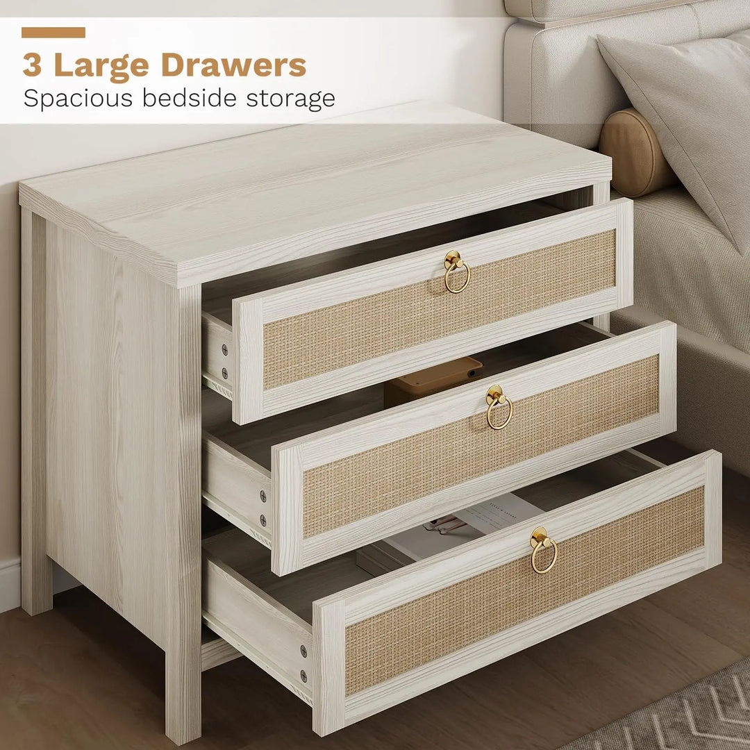 Eclatara Large Rattan Night Stand Set of 2 Boho Nightstand with 3 Drawers 