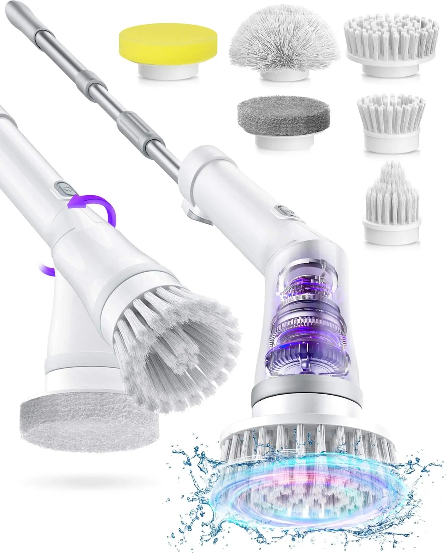 Electric spin scrubber with multiple brush heads, featuring a cordless design and waterproof extension handle for effective cleaning.