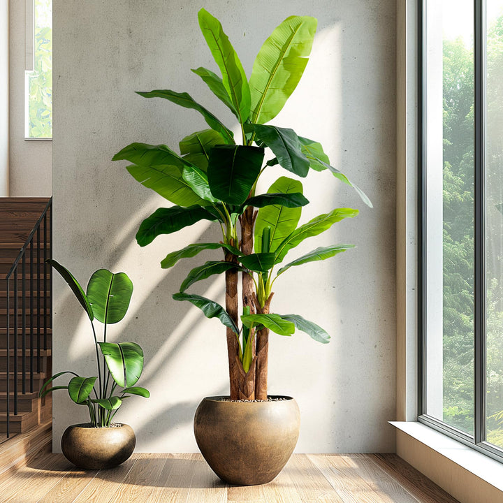 Erimda 8.2FT Artificial Banana Tree, Lifelike Fake Banana Leaf Tropical Silk Tree, Easy Assembly Faux Floor Plant with Sturdy Trunk, Maintenance Free for Indoor Home Patio Pool Outdoor Tropical Decor 